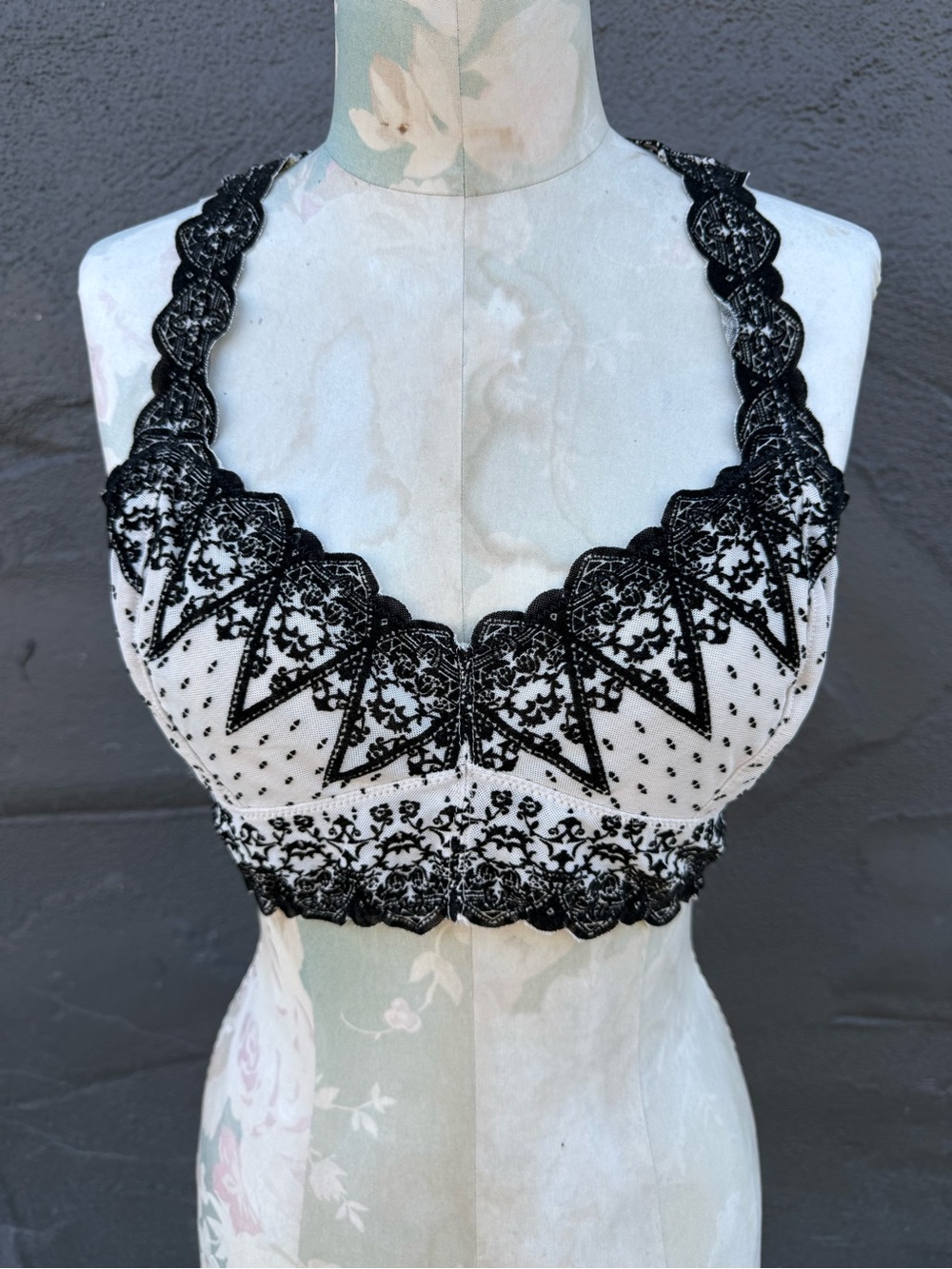 Free People Ivory Bralette with Black Lace Overlay